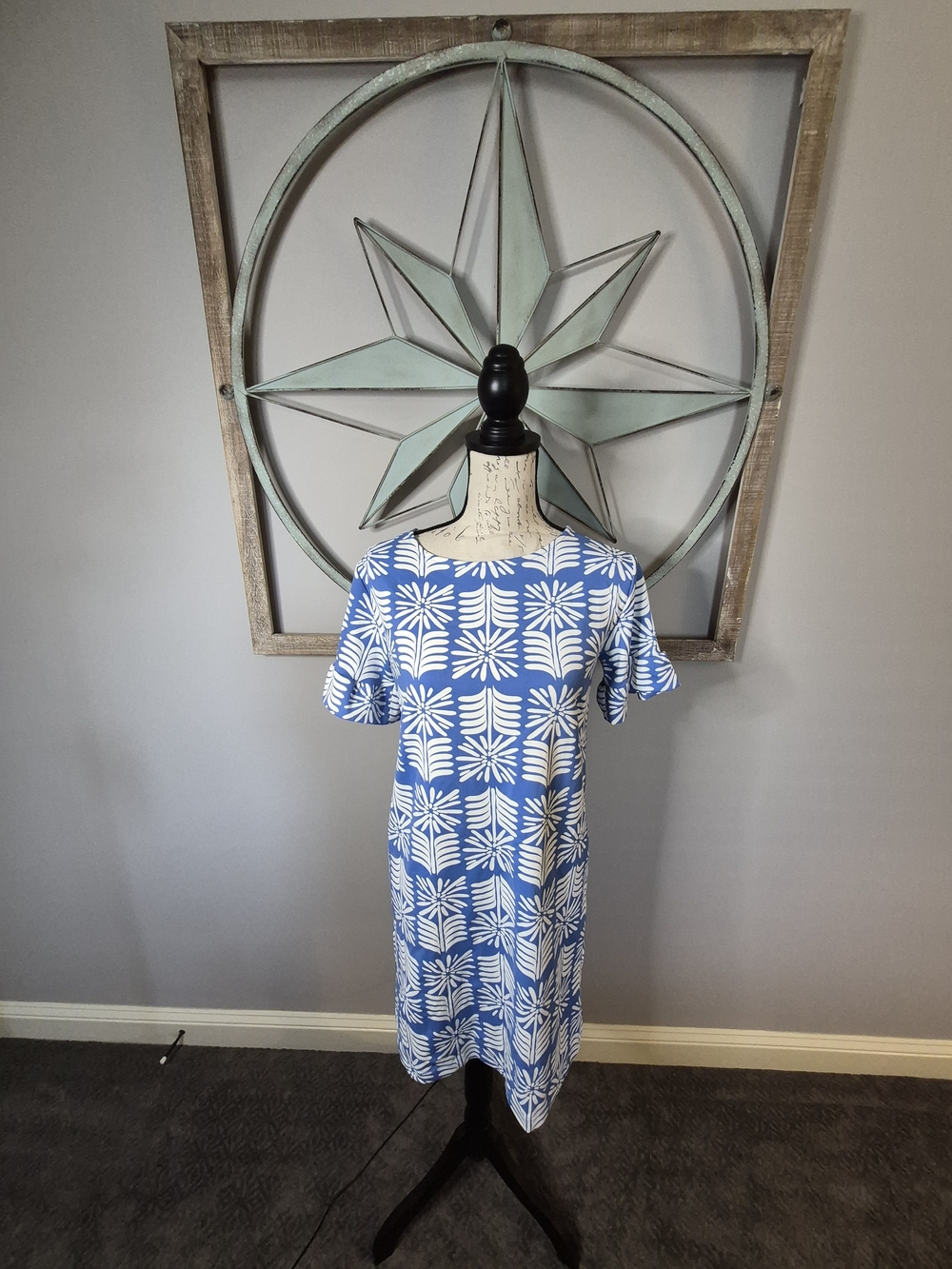 Sailor-Sailor Blue & White Floral Geometric Shift Dress - S